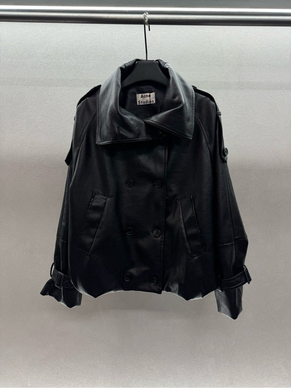 Acne Black Double-Breasted Peacoat Leather Jacket